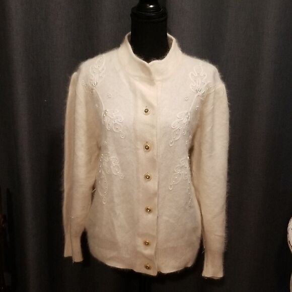 B.J.Kristen Womens Medium 80s Electric  Angora Wool Vintage Cardigan Sweater L - Picture 1 of 15